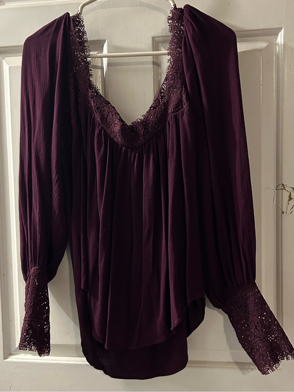 Free People Deep Plum Lace-Trim Peasant Blouse